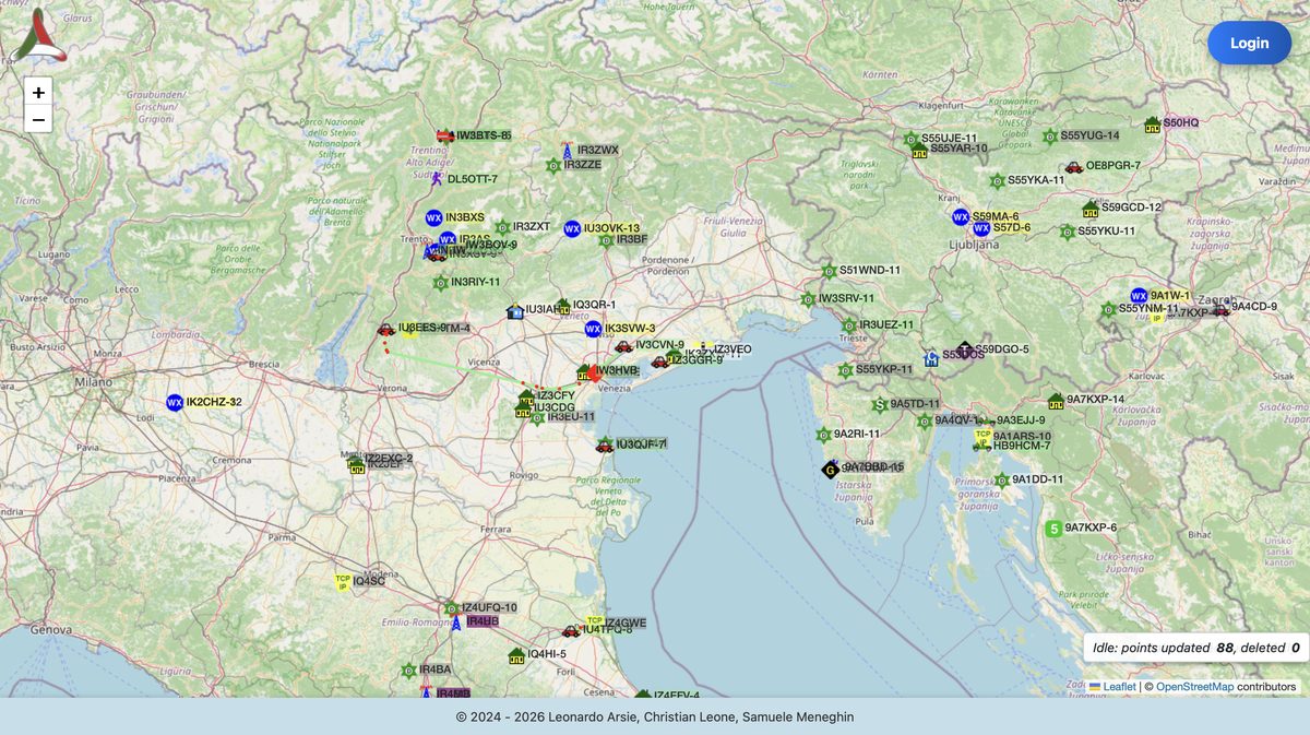Mappa del server APRS con le posizioni e la telemetria delle stazioni radio