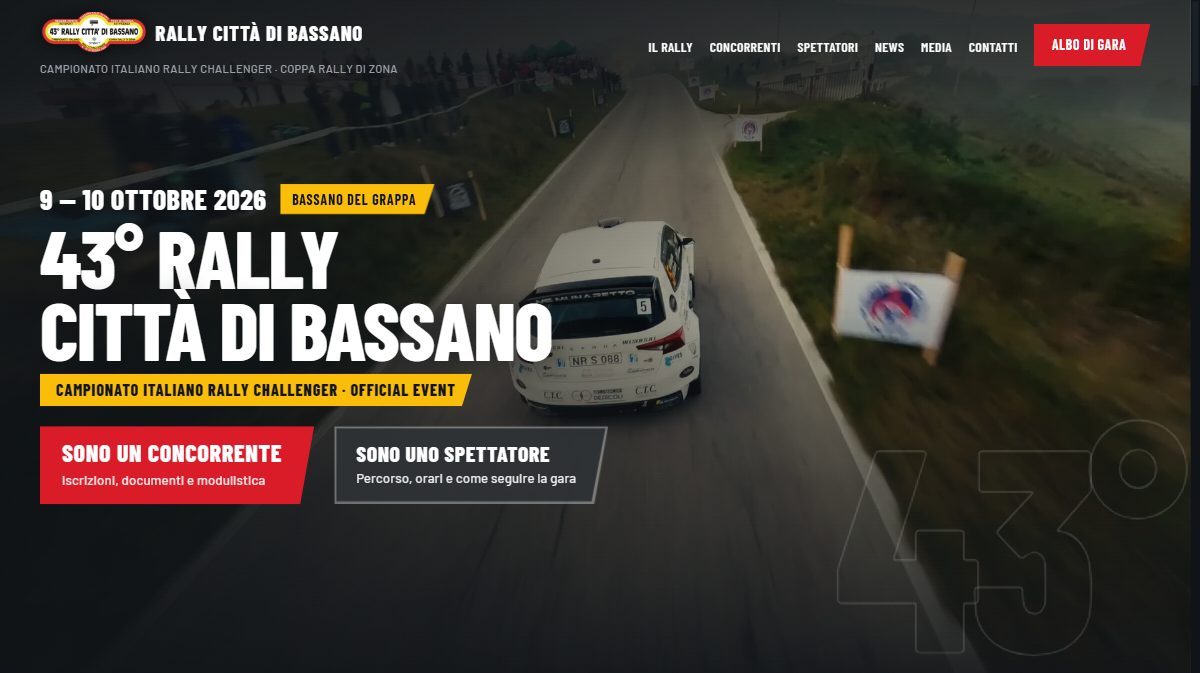 Home page del sito del Rally Città di Bassano, con i percorsi separati per concorrenti e spettatori
